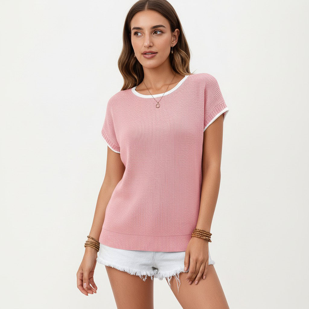 Anna-Kaci Short Sleeve Knit Top with Contrast Trim Crew Neck and Relaxed Fit