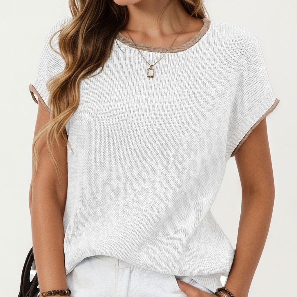 Anna-Kaci Short Sleeve Knit Top with Contrast Trim Crew Neck and Relaxed Fit