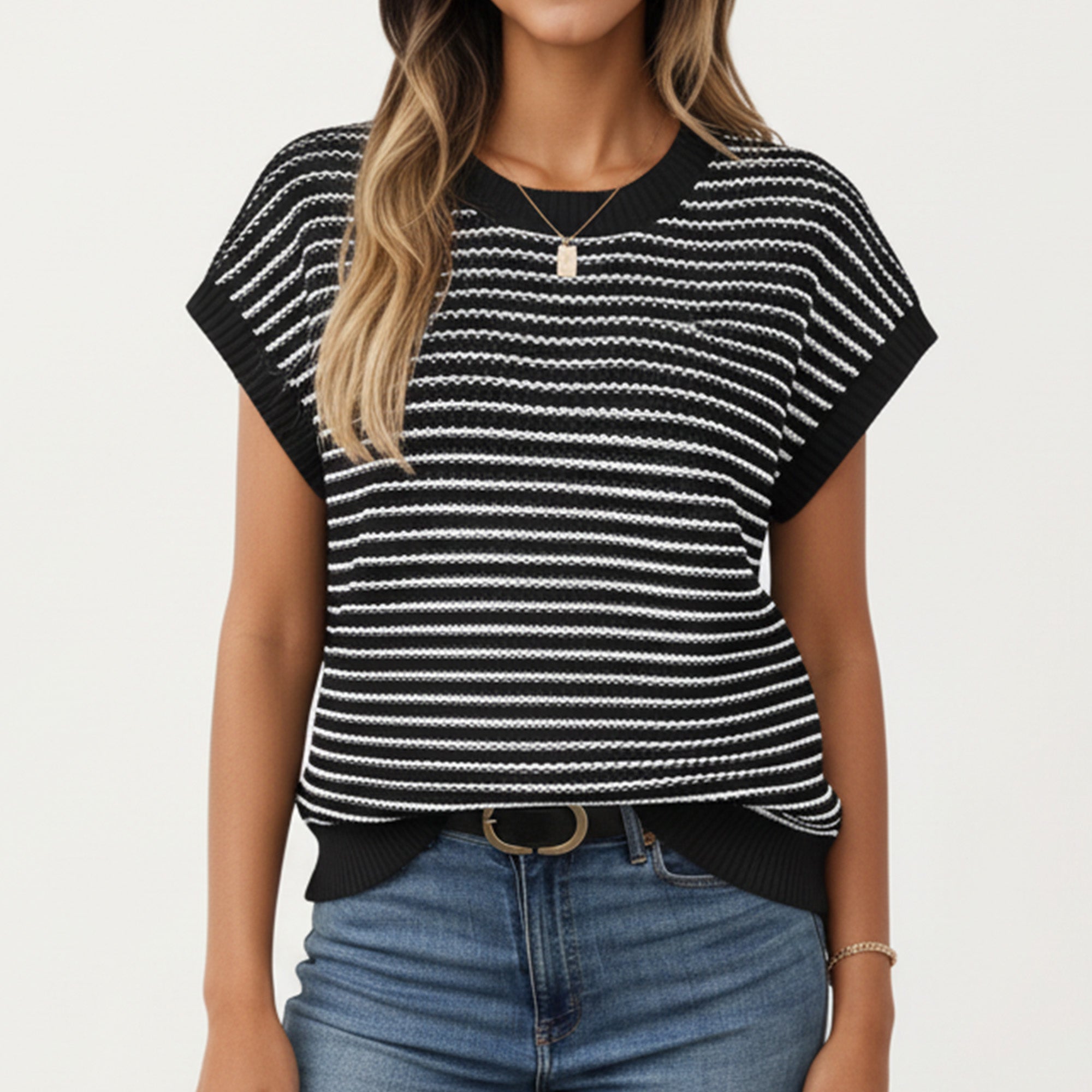 Anna-Kaci Striped Knit Cap Sleeve Top with Ribbed Trim and Relaxed Fit