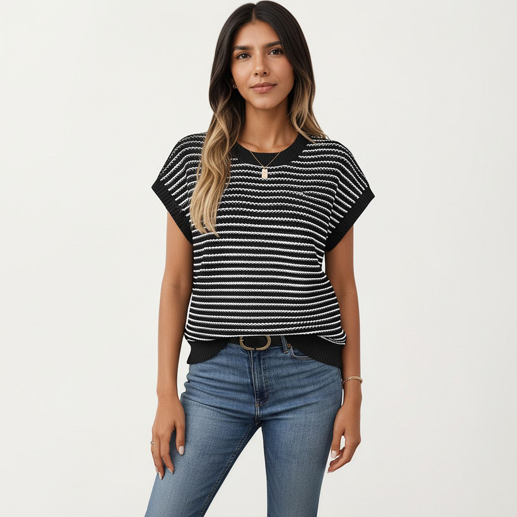 Anna-Kaci Striped Knit Cap Sleeve Top with Ribbed Trim and Relaxed Fit