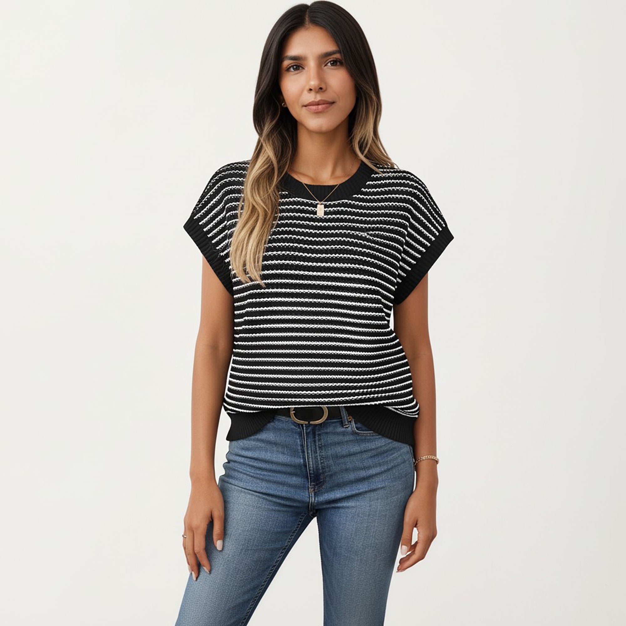Anna-Kaci Striped Knit Cap Sleeve Top with Ribbed Trim and Relaxed Fit