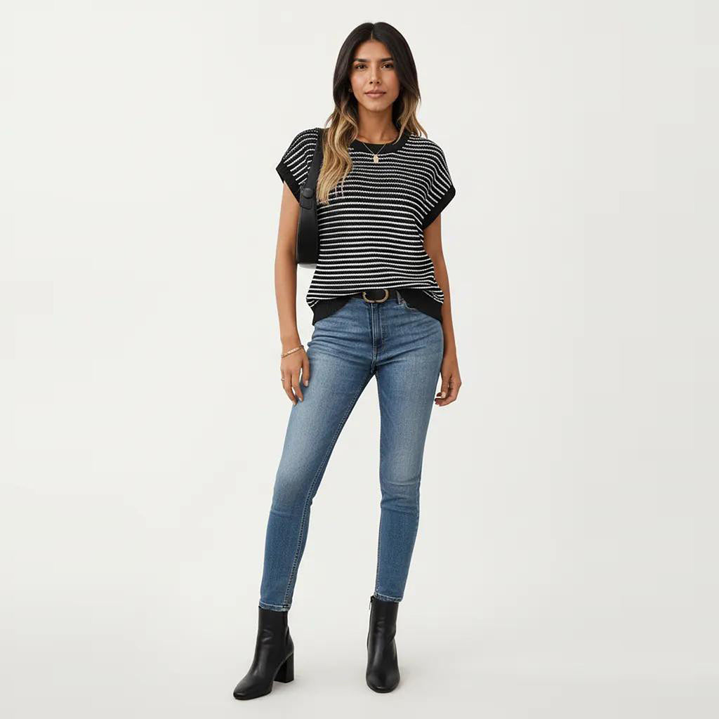 Anna-Kaci Striped Knit Cap Sleeve Top with Ribbed Trim and Relaxed Fit
