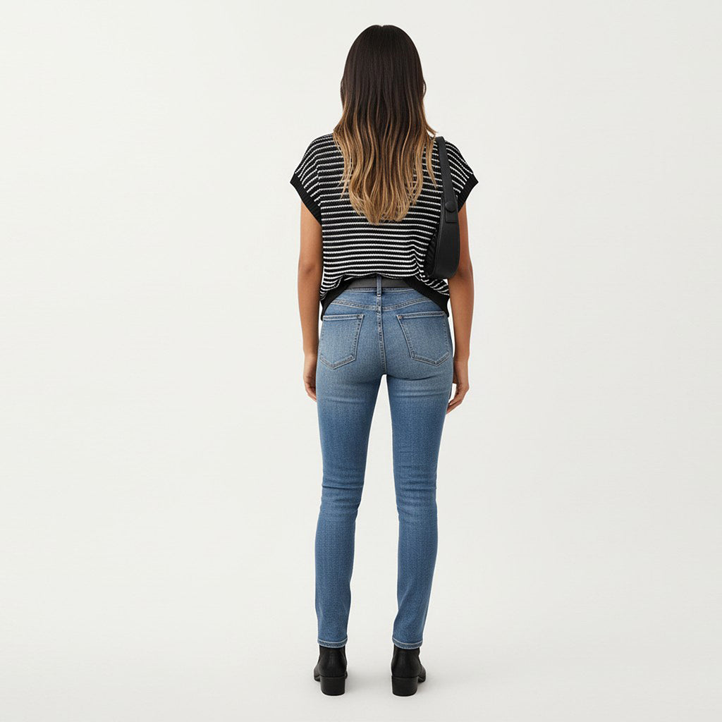 Anna-Kaci Striped Knit Cap Sleeve Top with Ribbed Trim and Relaxed Fit