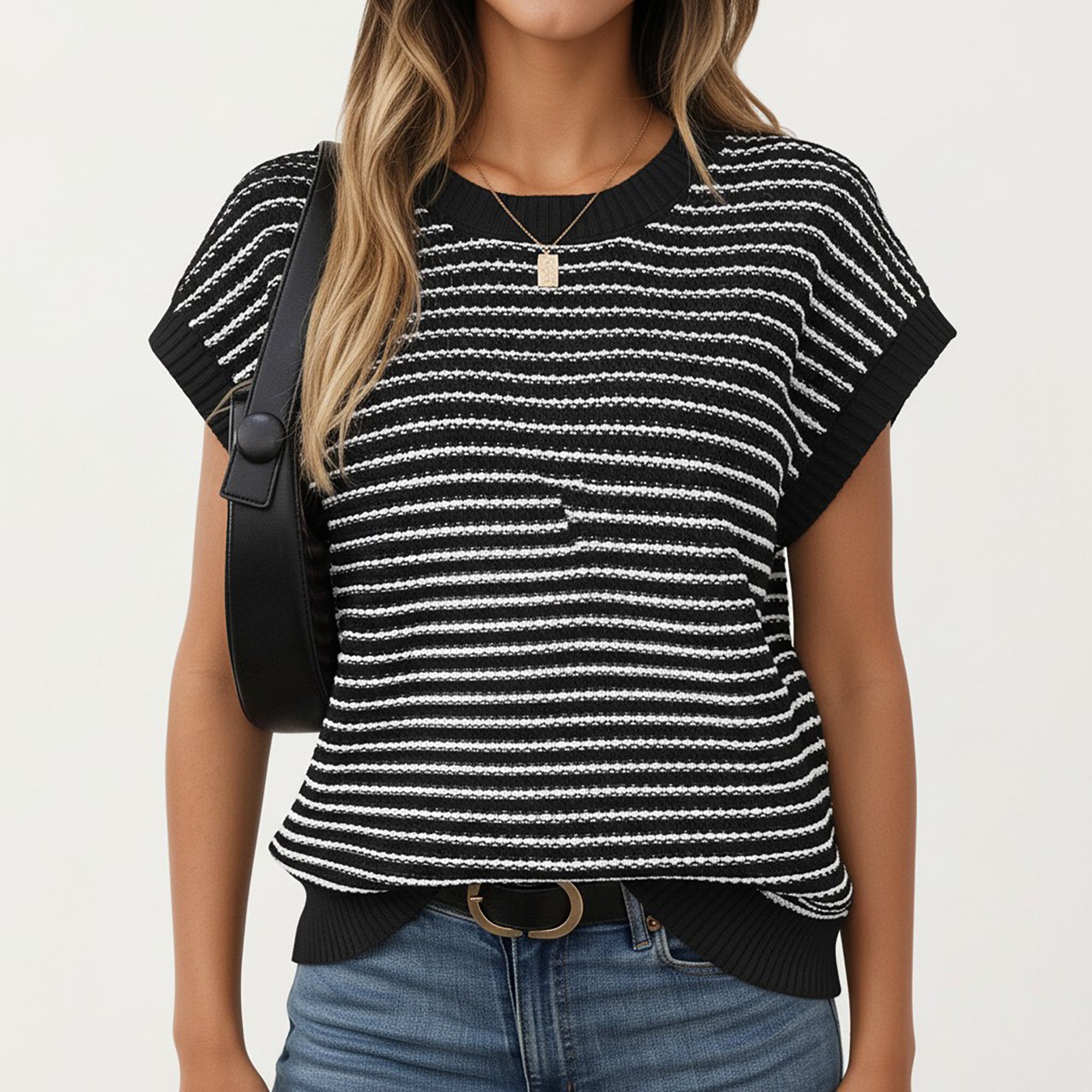 Anna-Kaci Striped Knit Cap Sleeve Top with Ribbed Trim and Relaxed Fit