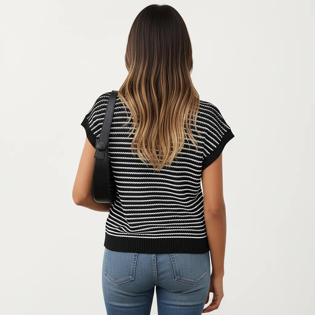 Anna-Kaci Striped Knit Cap Sleeve Top with Ribbed Trim and Relaxed Fit