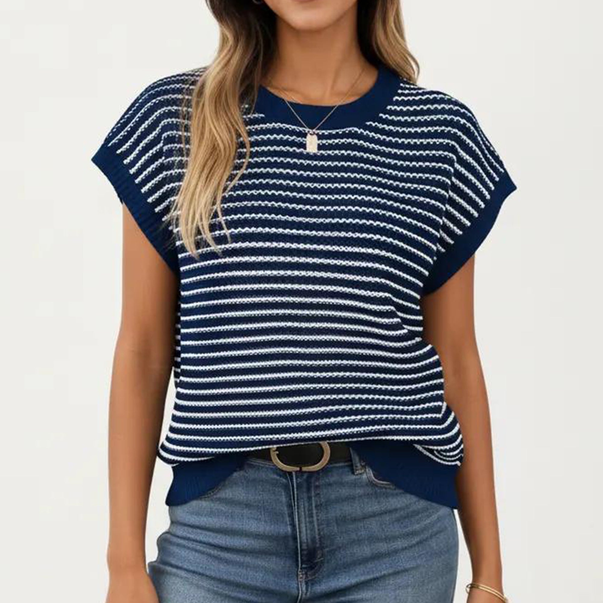 Anna-Kaci Striped Knit Cap Sleeve Top with Ribbed Trim and Relaxed Fit