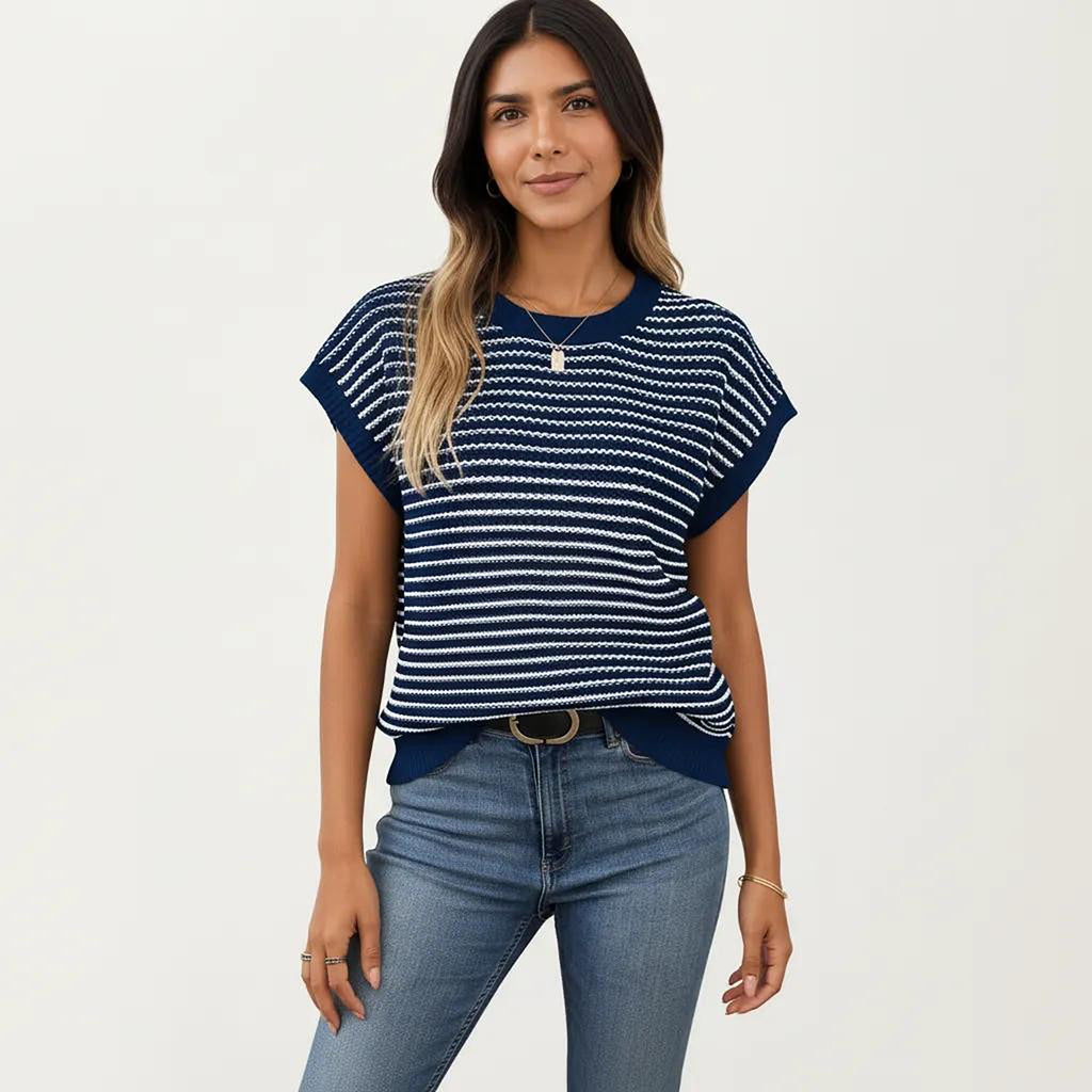 Anna-Kaci Striped Knit Cap Sleeve Top with Ribbed Trim and Relaxed Fit
