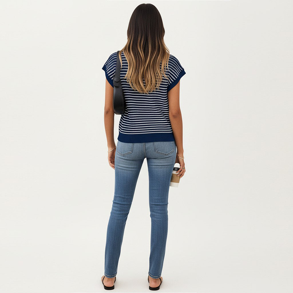 Anna-Kaci Striped Knit Cap Sleeve Top with Ribbed Trim and Relaxed Fit