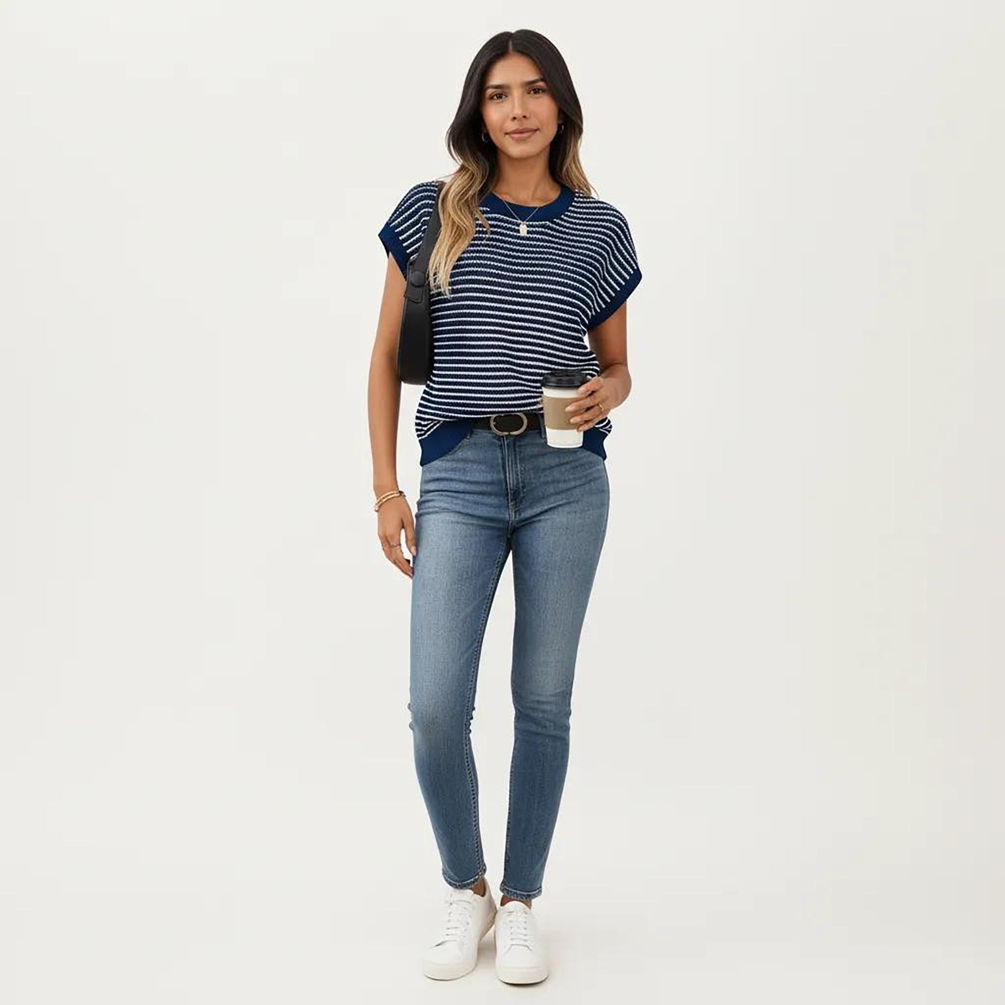 Anna-Kaci Striped Knit Cap Sleeve Top with Ribbed Trim and Relaxed Fit