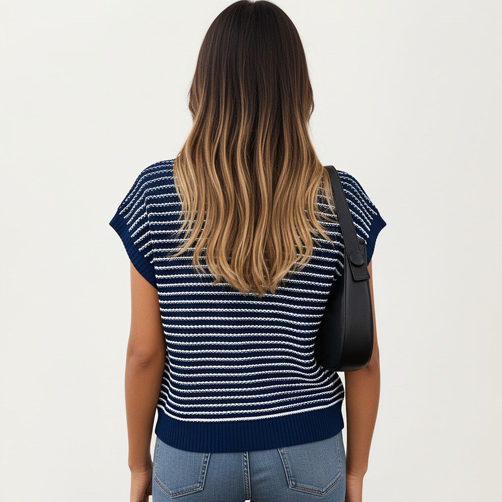 Anna-Kaci Striped Knit Cap Sleeve Top with Ribbed Trim and Relaxed Fit