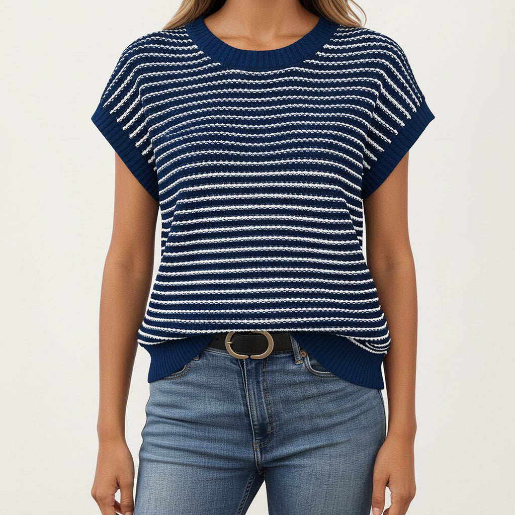 Anna-Kaci Striped Knit Cap Sleeve Top with Ribbed Trim and Relaxed Fit