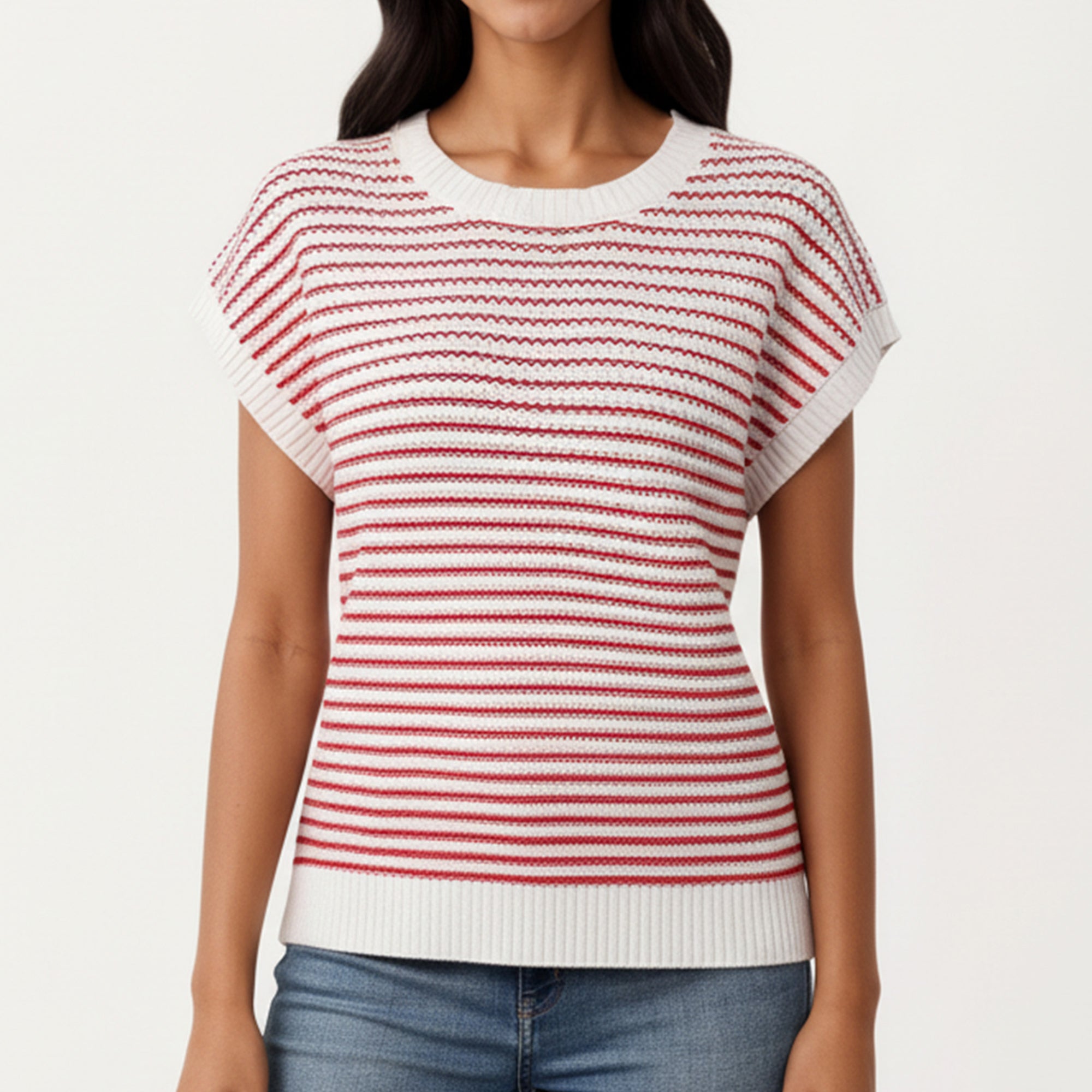 Anna-Kaci Striped Knit Cap Sleeve Top with Ribbed Trim and Relaxed Fit