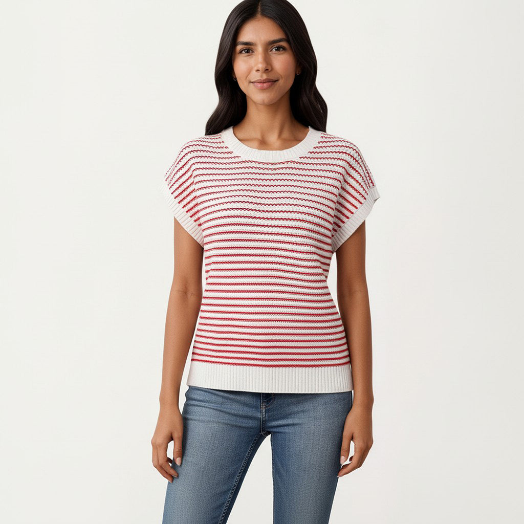 Anna-Kaci Striped Knit Cap Sleeve Top with Ribbed Trim and Relaxed Fit