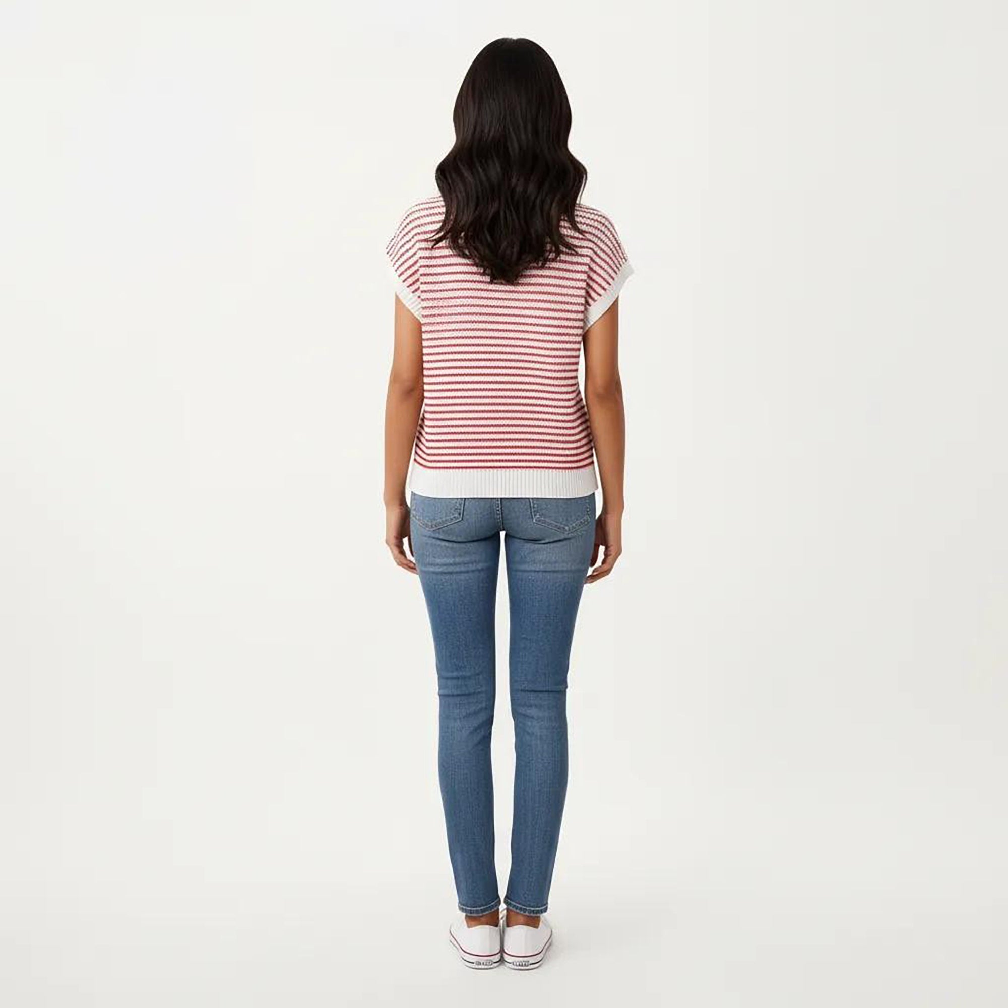 Anna-Kaci Striped Knit Cap Sleeve Top with Ribbed Trim and Relaxed Fit
