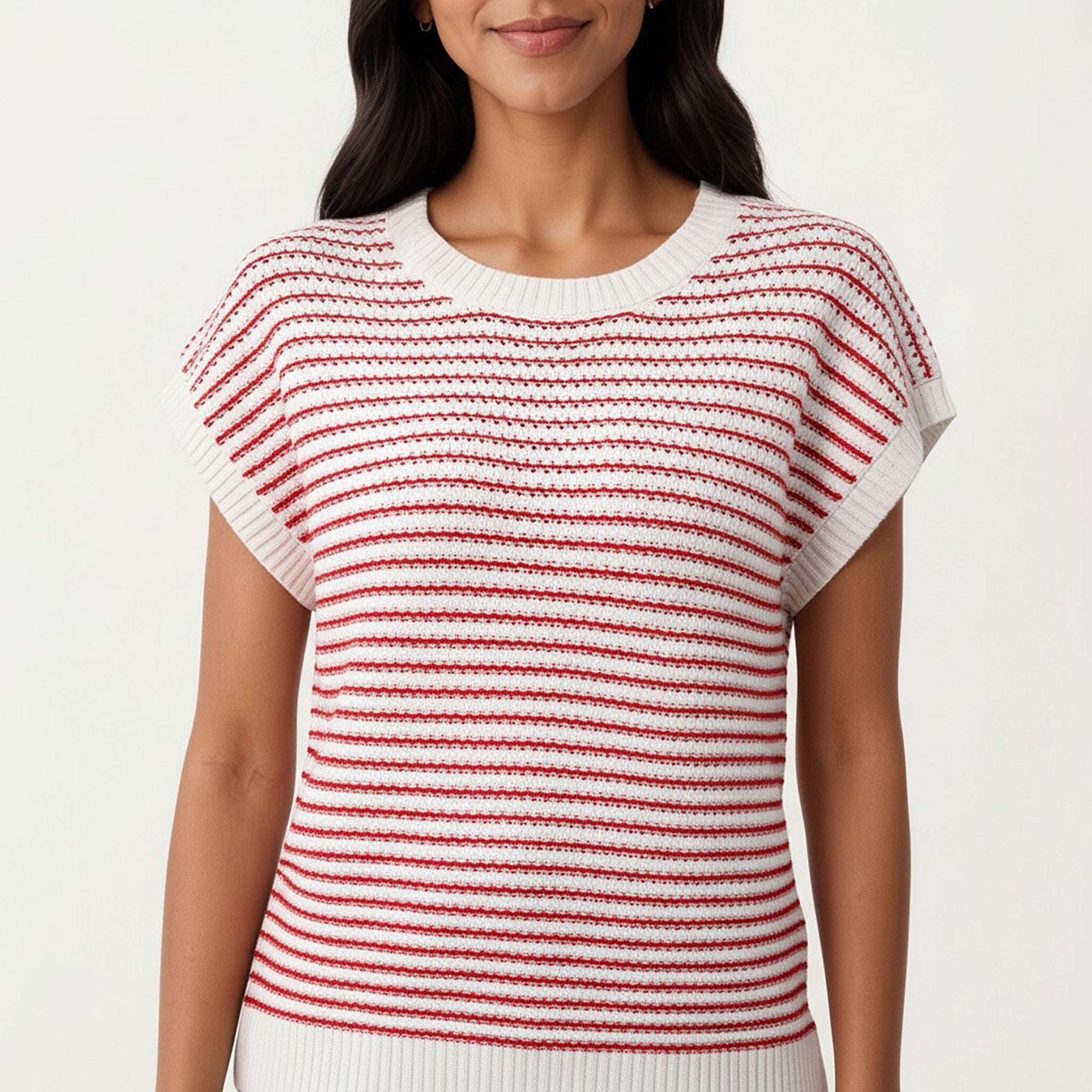 Anna-Kaci Striped Knit Cap Sleeve Top with Ribbed Trim and Relaxed Fit