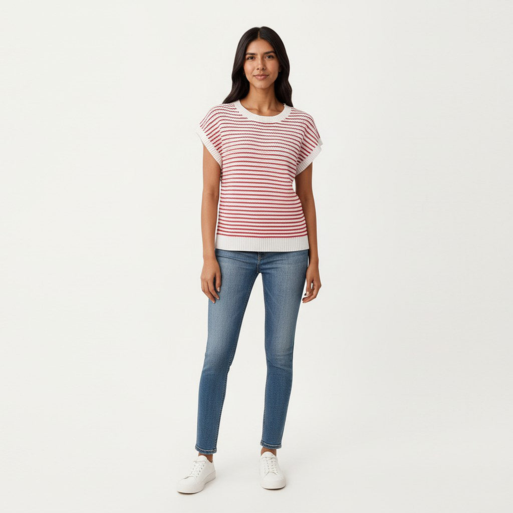 Anna-Kaci Striped Knit Cap Sleeve Top with Ribbed Trim and Relaxed Fit