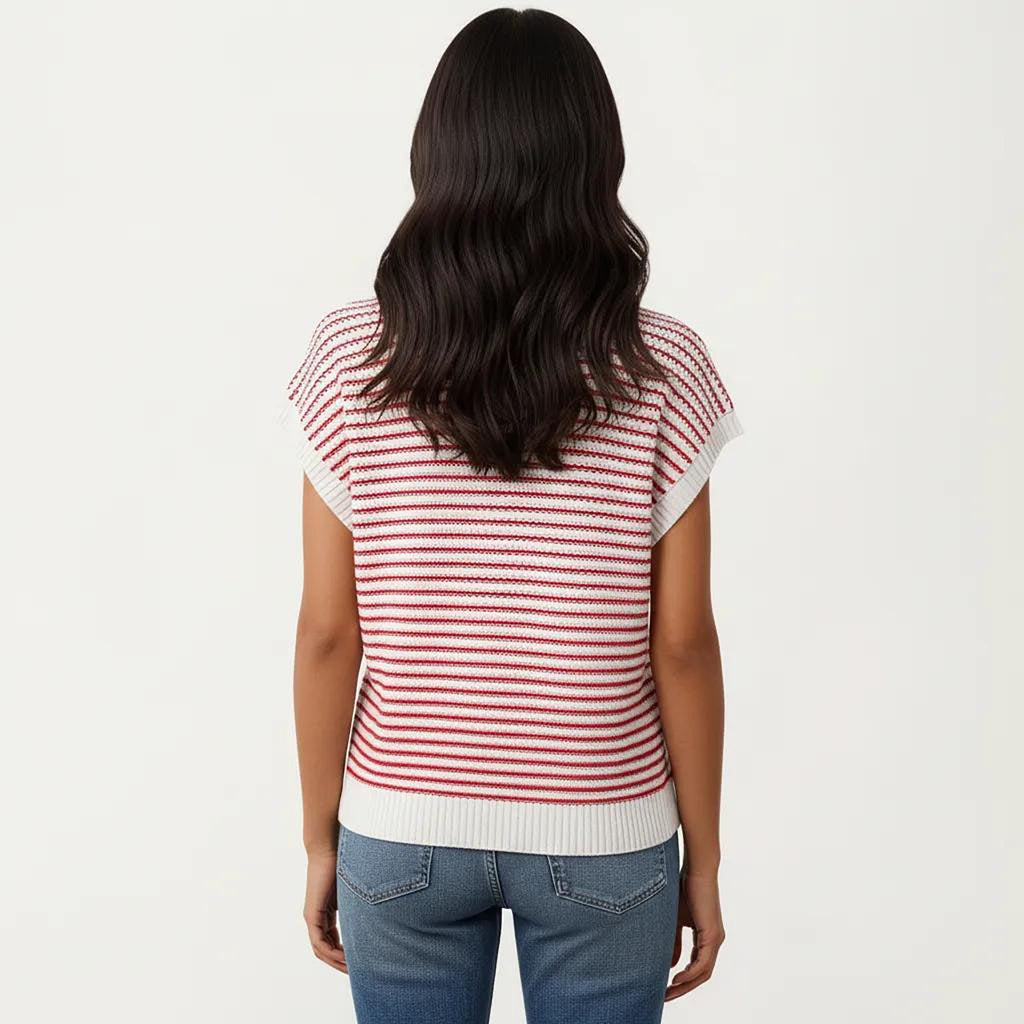 Anna-Kaci Striped Knit Cap Sleeve Top with Ribbed Trim and Relaxed Fit