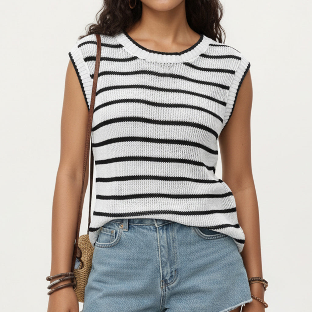 Anna-Kaci Striped Knit Cap Sleeve Top with Ribbed Trim and Relaxed Fit