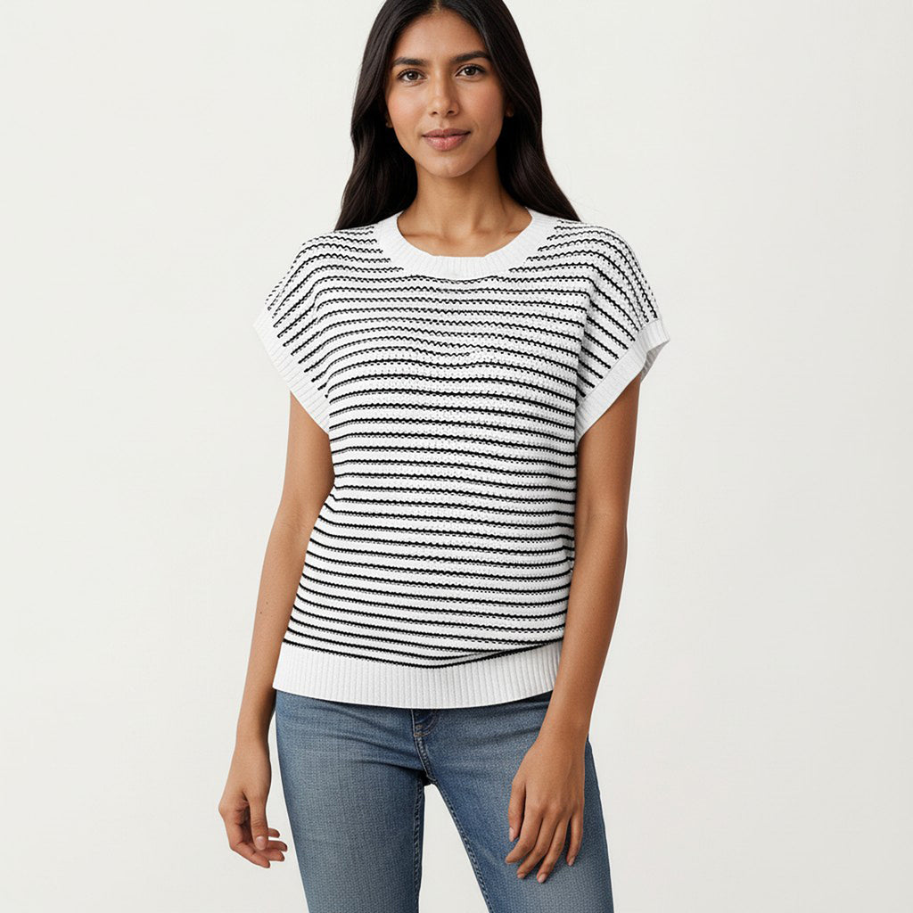 Anna-Kaci Striped Knit Cap Sleeve Top with Ribbed Trim and Relaxed Fit