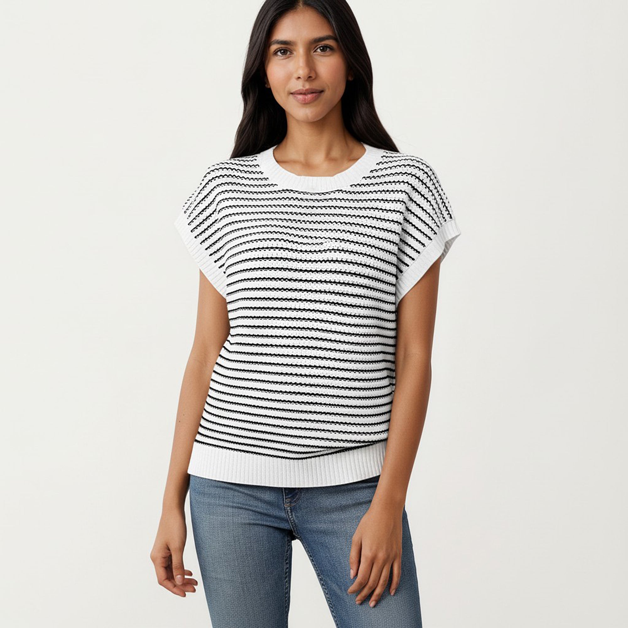 Anna-Kaci Striped Knit Cap Sleeve Top with Ribbed Trim and Relaxed Fit