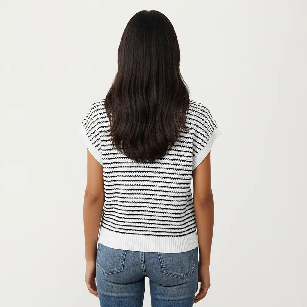 Anna-Kaci Striped Knit Cap Sleeve Top with Ribbed Trim and Relaxed Fit