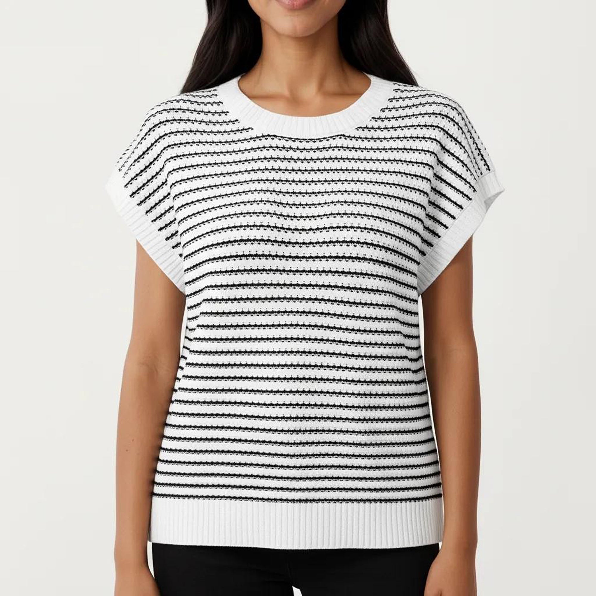 Anna-Kaci Striped Knit Cap Sleeve Top with Ribbed Trim and Relaxed Fit