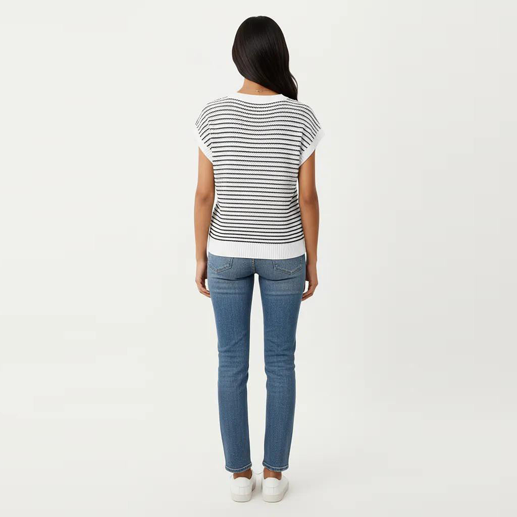 Anna-Kaci Striped Knit Cap Sleeve Top with Ribbed Trim and Relaxed Fit