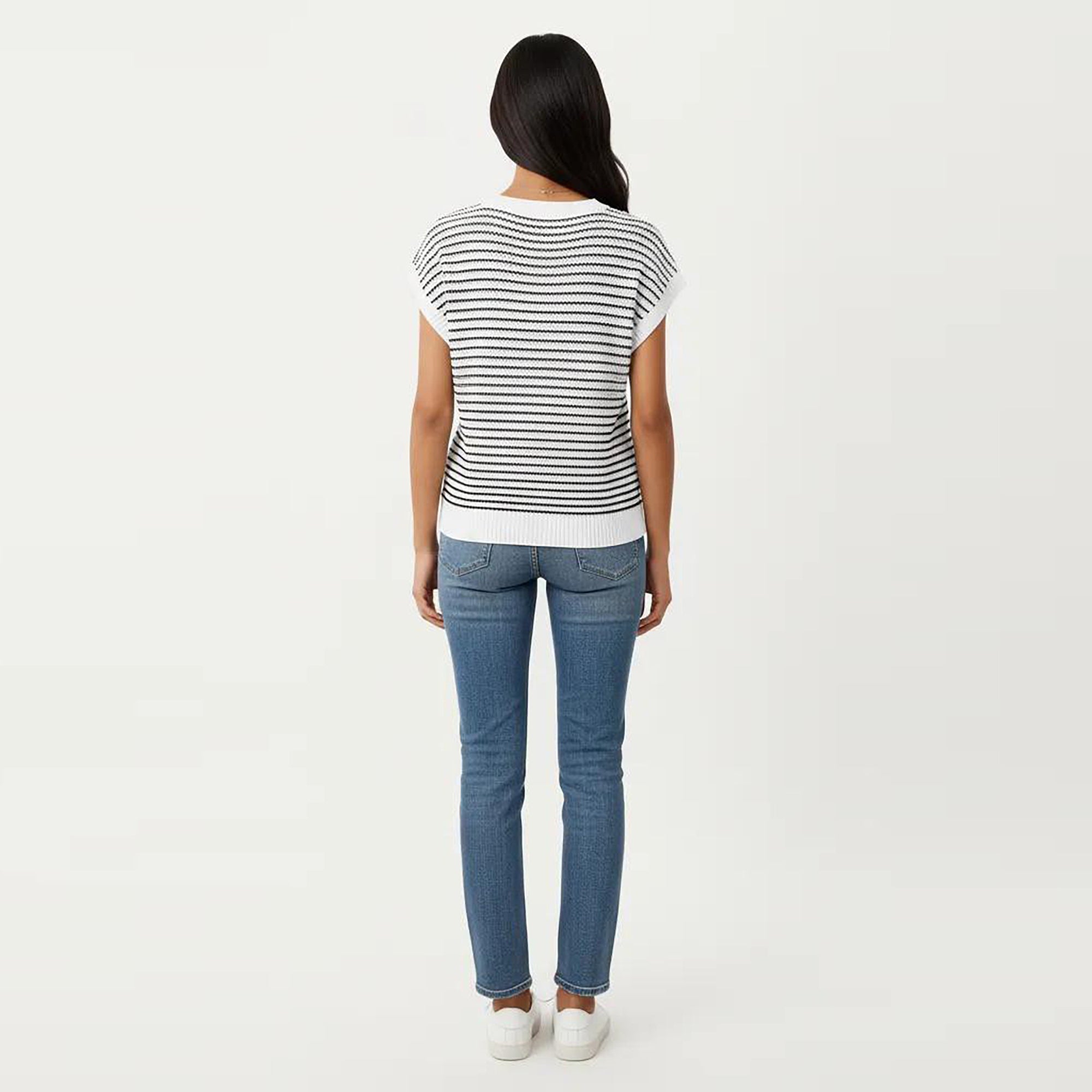 Anna-Kaci Striped Knit Cap Sleeve Top with Ribbed Trim and Relaxed Fit