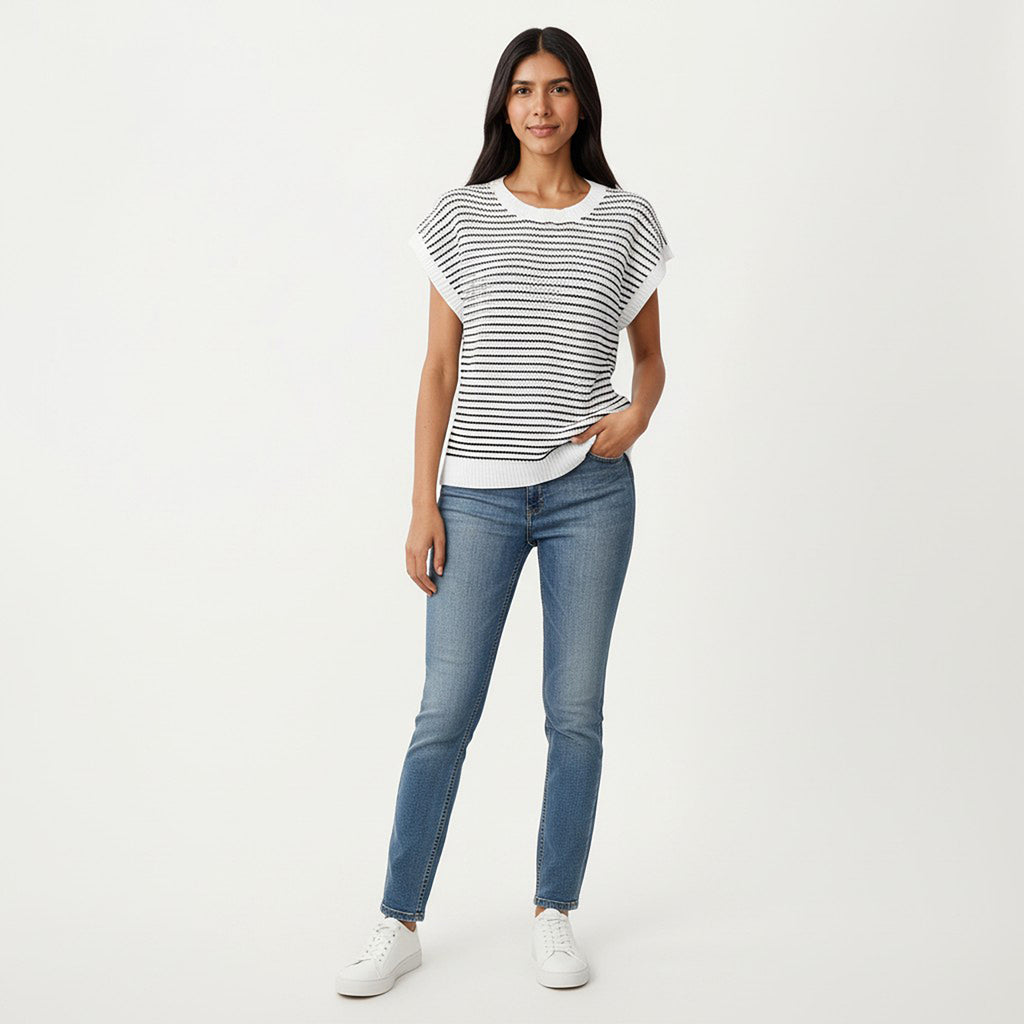Anna-Kaci Striped Knit Cap Sleeve Top with Ribbed Trim and Relaxed Fit
