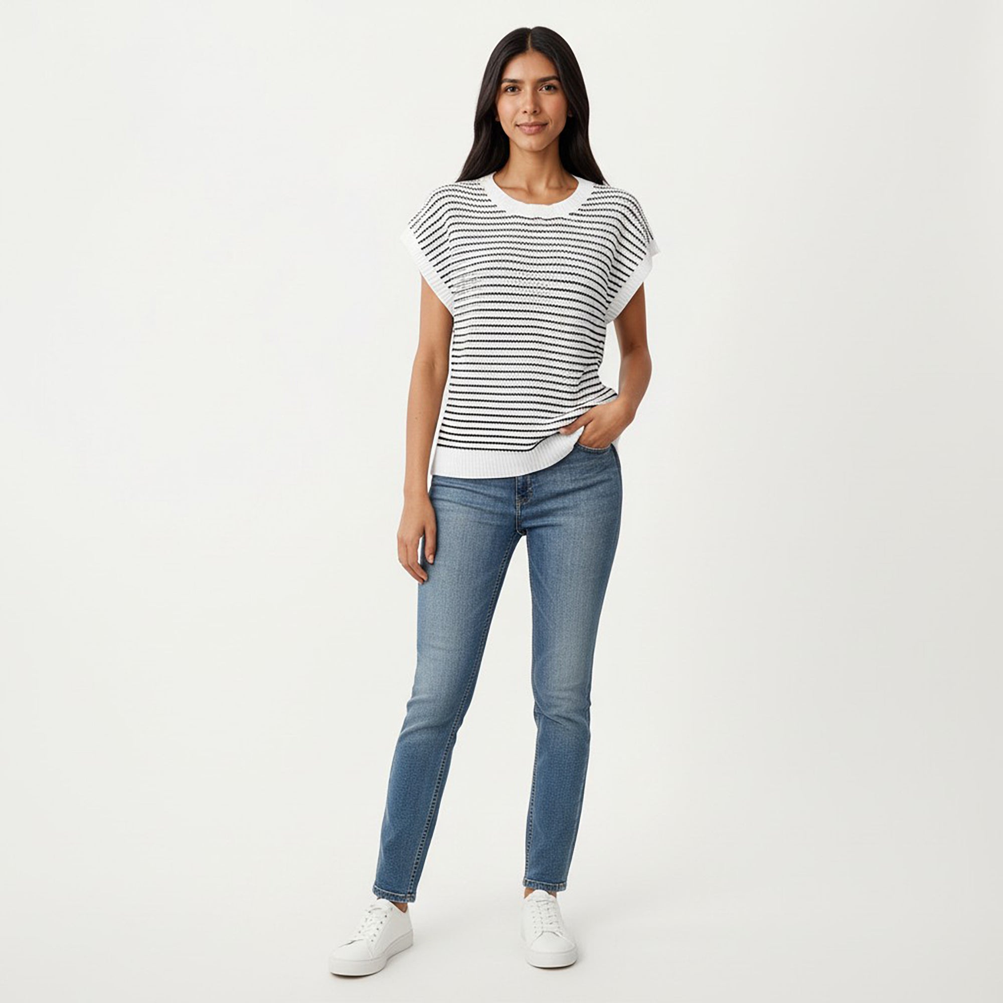 Anna-Kaci Striped Knit Cap Sleeve Top with Ribbed Trim and Relaxed Fit