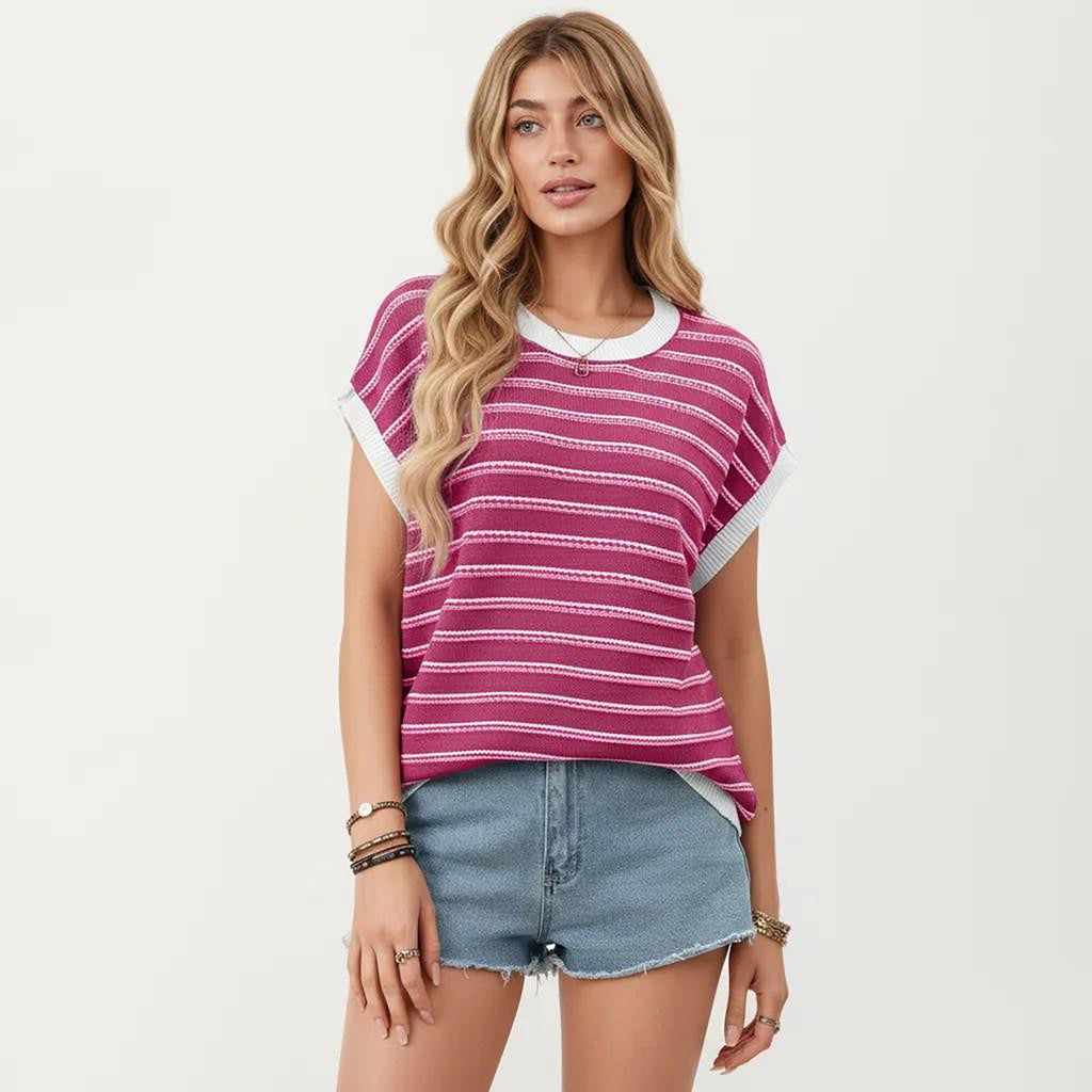 Anna-Kaci Short Sleeve Striped Knit Top with Contrast Rib Trim