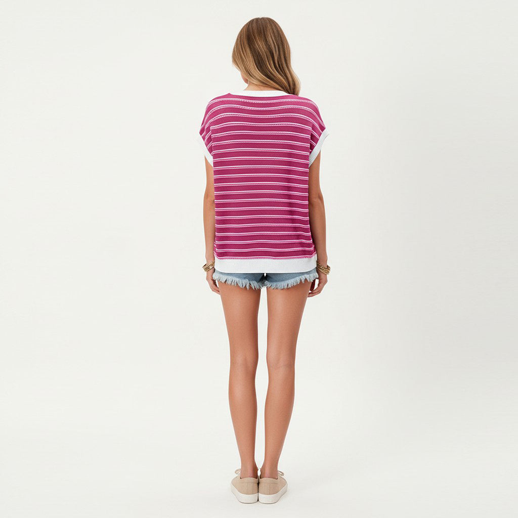 Anna-Kaci Short Sleeve Striped Knit Top with Contrast Rib Trim