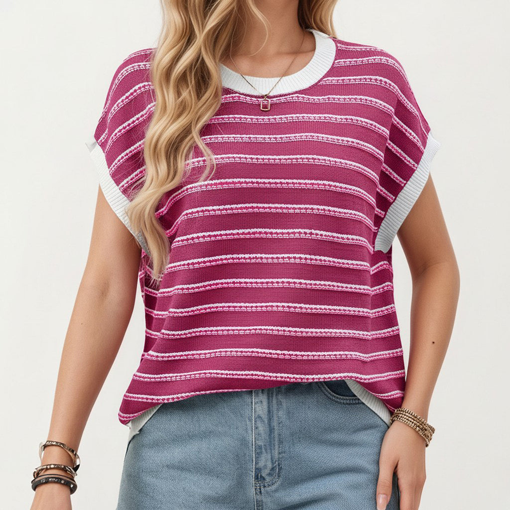 Anna-Kaci Short Sleeve Striped Knit Top with Contrast Rib Trim
