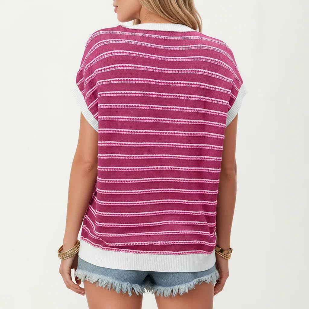 Anna-Kaci Short Sleeve Striped Knit Top with Contrast Rib Trim