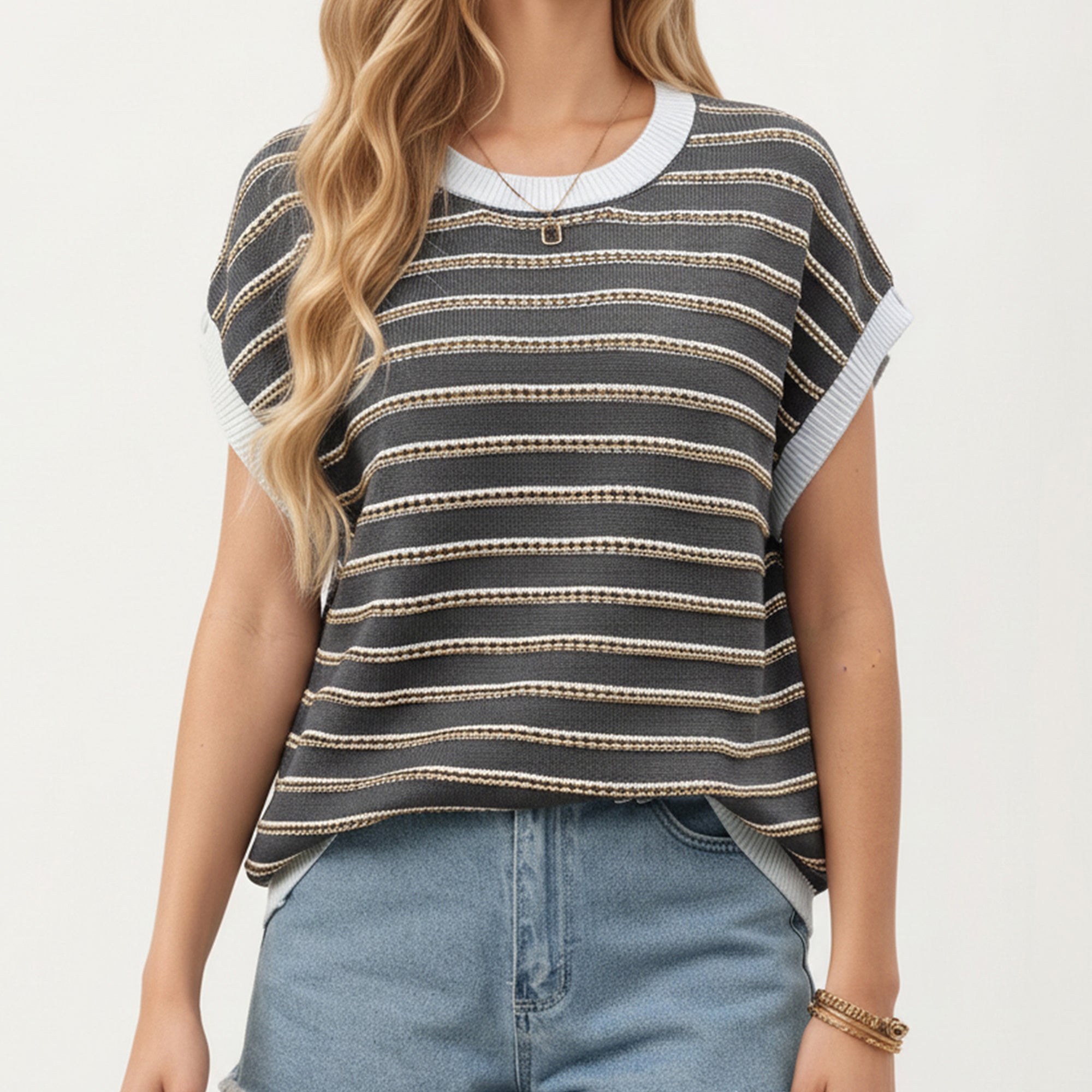 Anna-Kaci Short Sleeve Striped Knit Top with Contrast Rib Trim