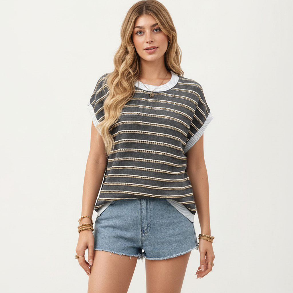 Anna-Kaci Short Sleeve Striped Knit Top with Contrast Rib Trim