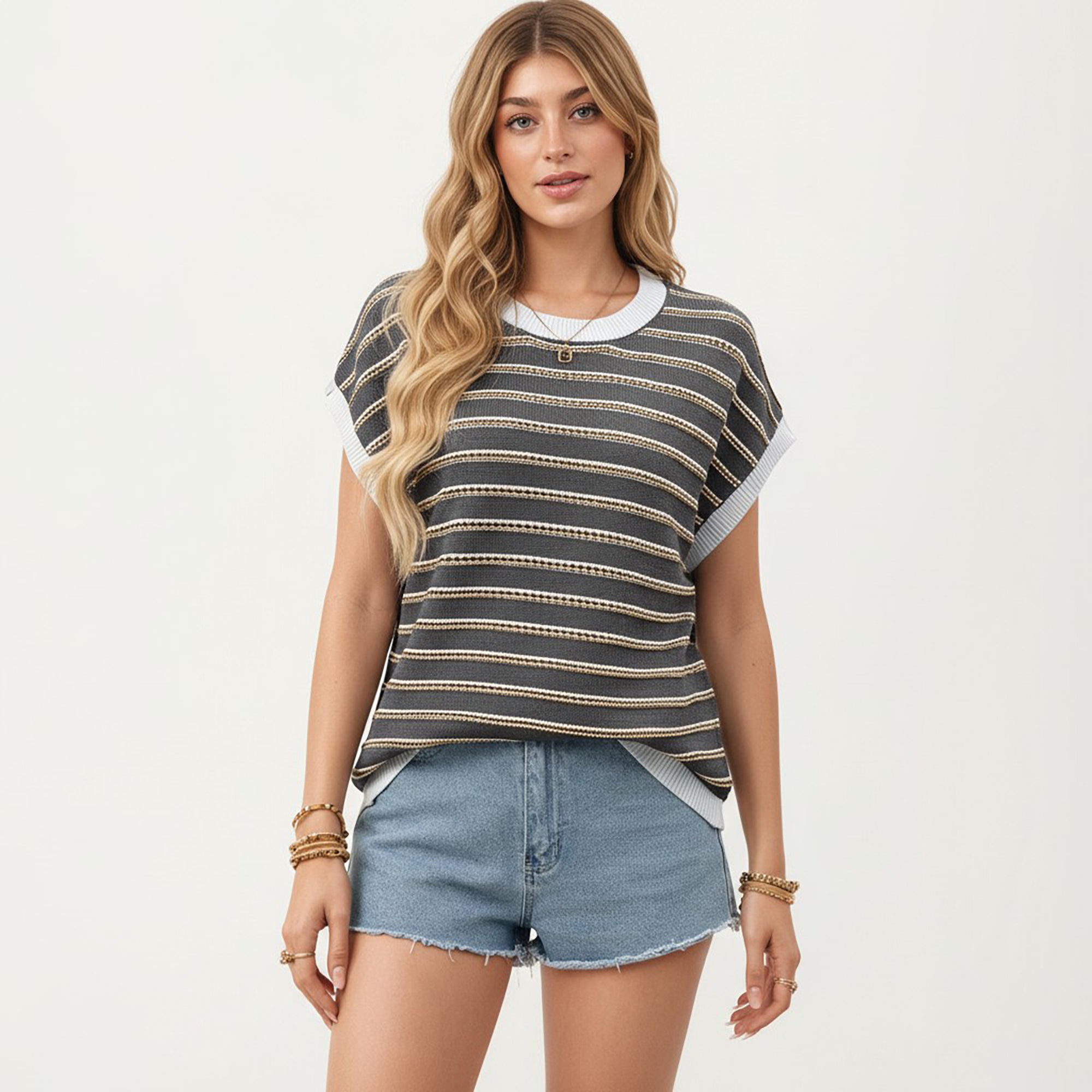 Anna-Kaci Short Sleeve Striped Knit Top with Contrast Rib Trim