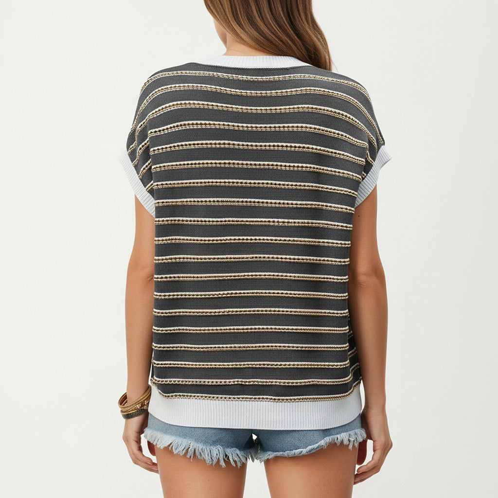 Anna-Kaci Short Sleeve Striped Knit Top with Contrast Rib Trim