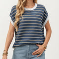 Anna-Kaci Short Sleeve Striped Knit Top with Contrast Rib Trim