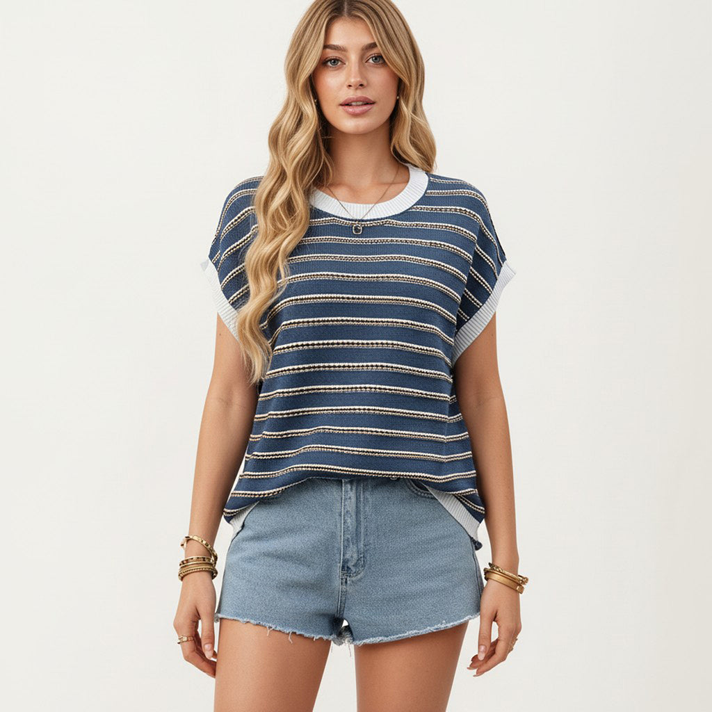 Anna-Kaci Short Sleeve Striped Knit Top with Contrast Rib Trim