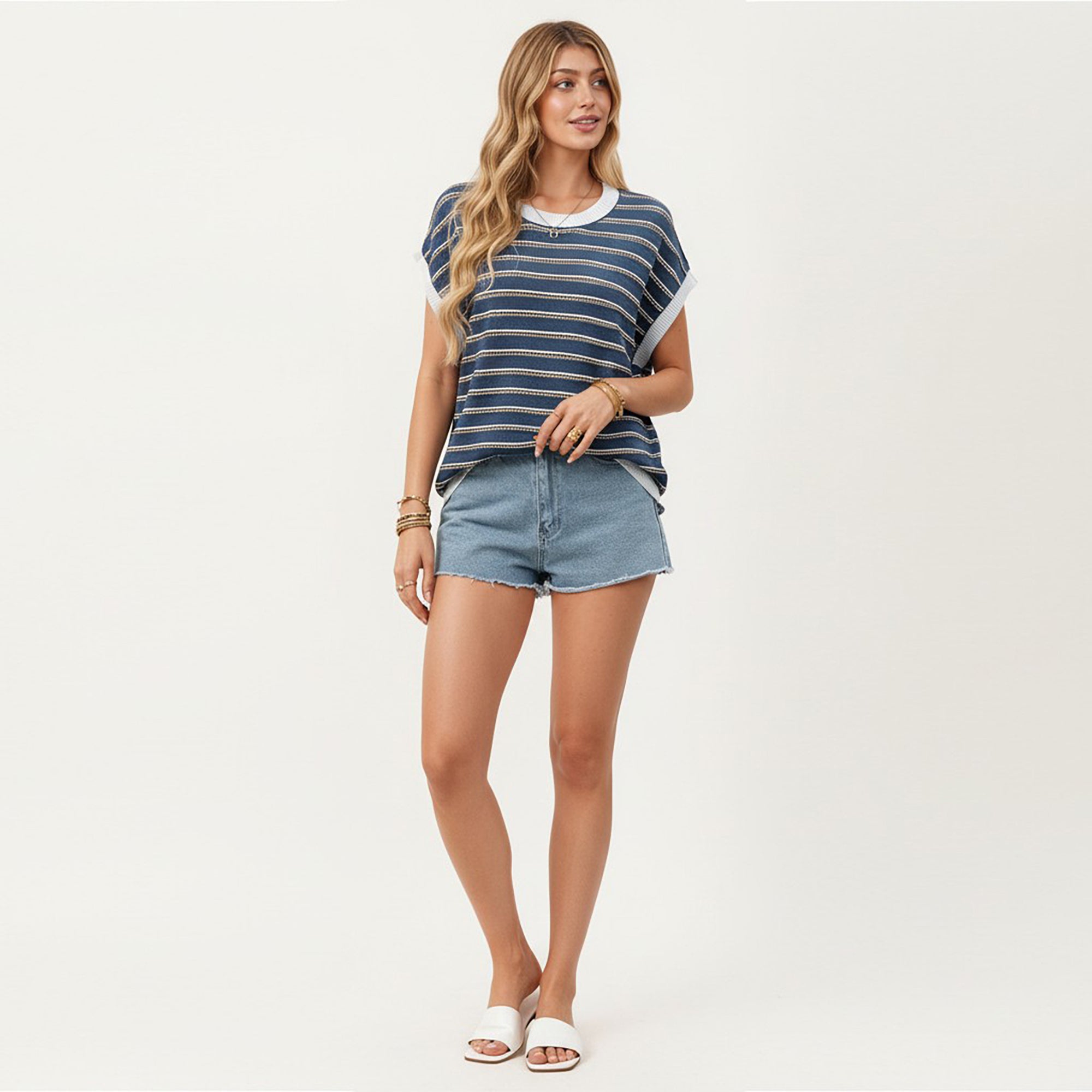 Anna-Kaci Short Sleeve Striped Knit Top with Contrast Rib Trim