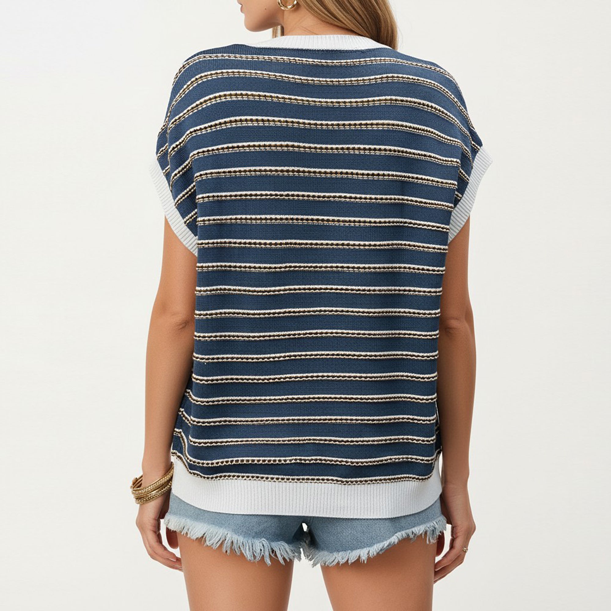 Anna-Kaci Short Sleeve Striped Knit Top with Contrast Rib Trim