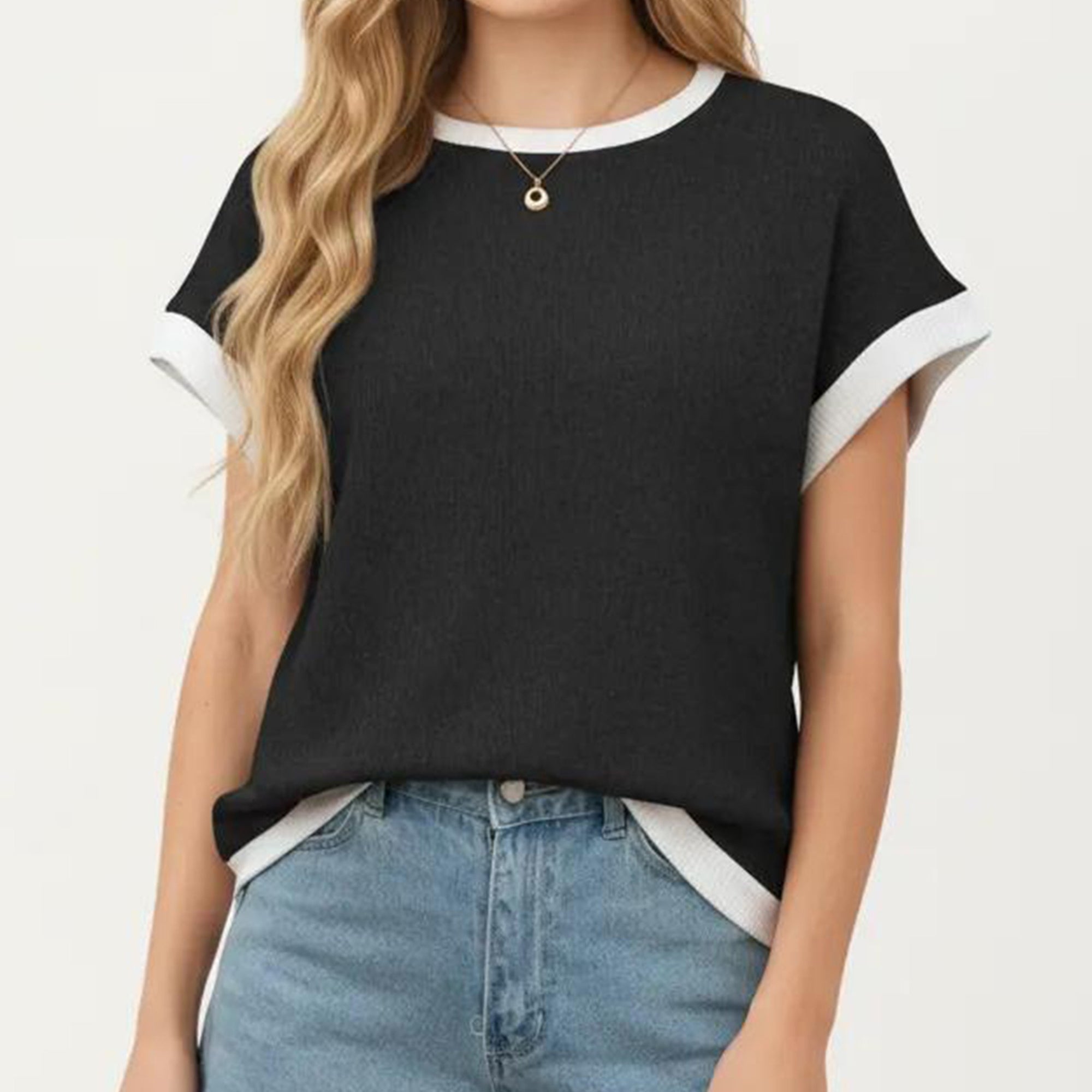 Anna-Kaci Short Sleeve Textured Knit Top with Contrast Rib Trim