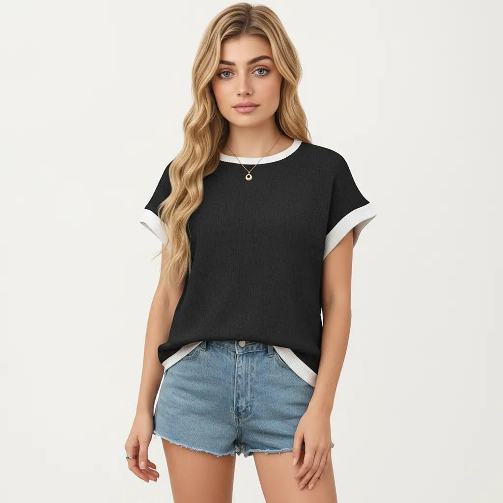 Anna-Kaci Short Sleeve Textured Knit Top with Contrast Rib Trim