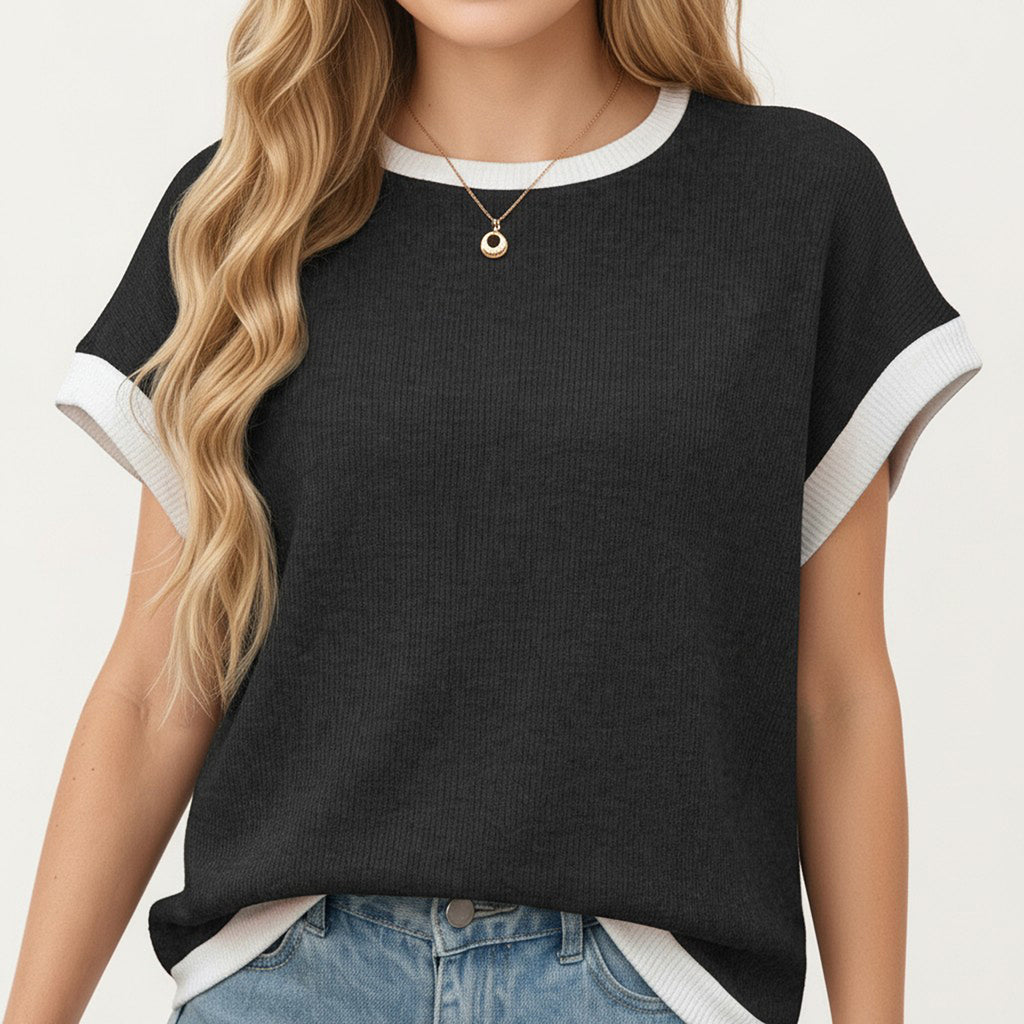 Anna-Kaci Short Sleeve Textured Knit Top with Contrast Rib Trim