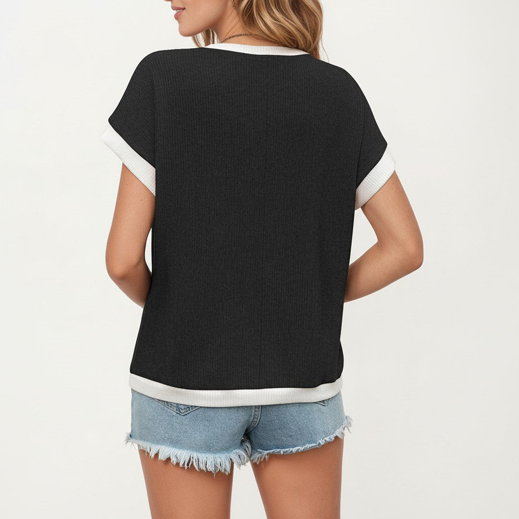 Anna-Kaci Short Sleeve Textured Knit Top with Contrast Rib Trim