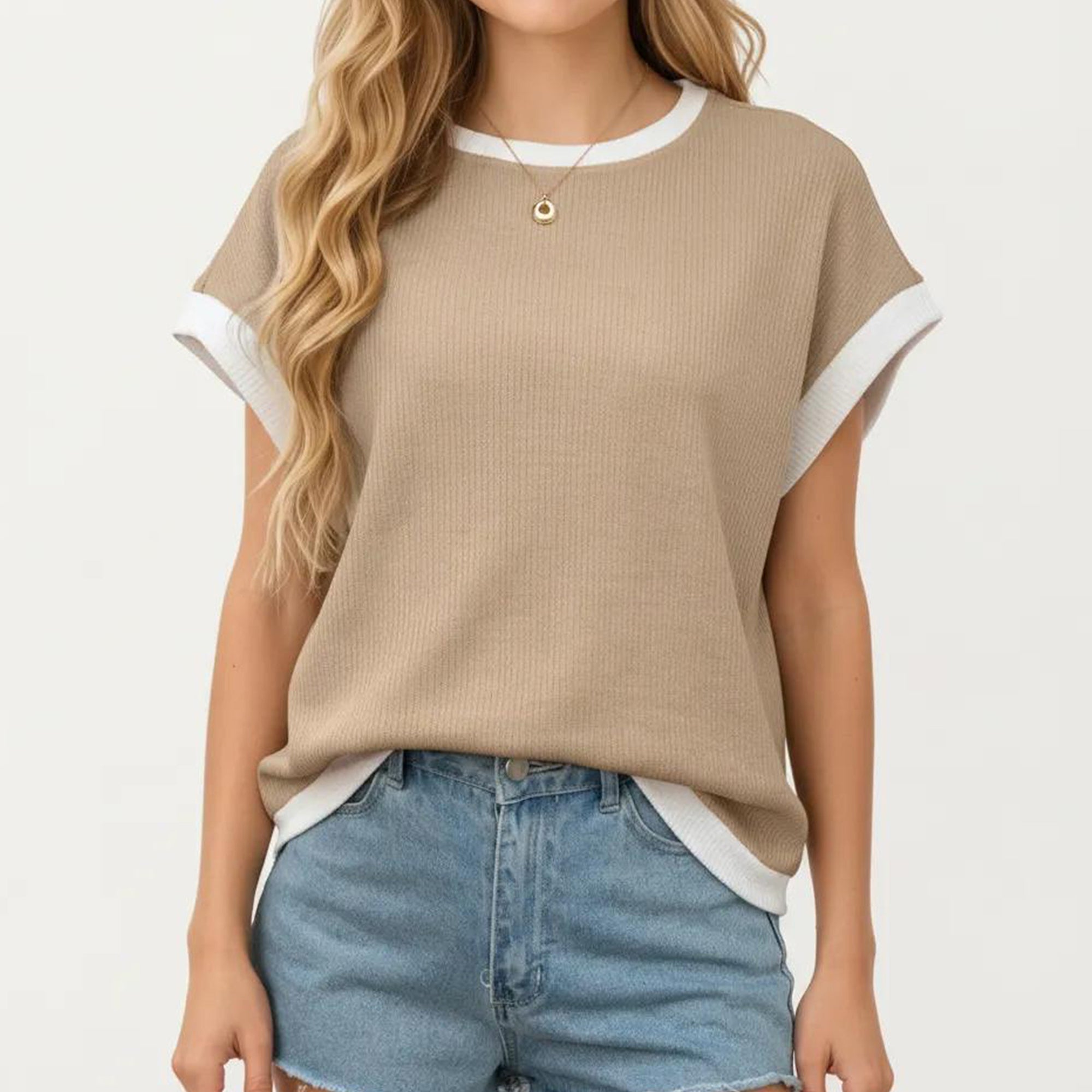 Anna-Kaci Short Sleeve Textured Knit Top with Contrast Rib Trim