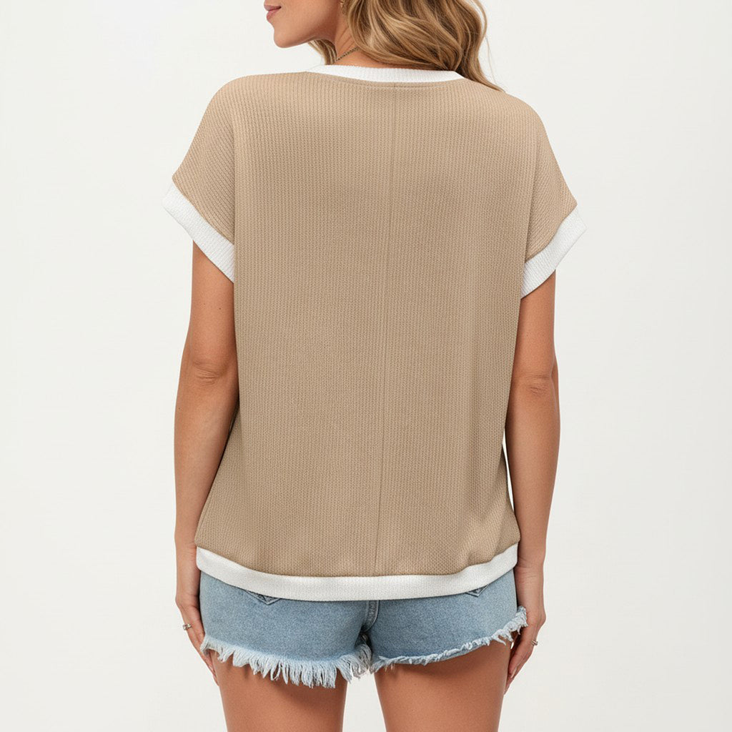 Anna-Kaci Short Sleeve Textured Knit Top with Contrast Rib Trim