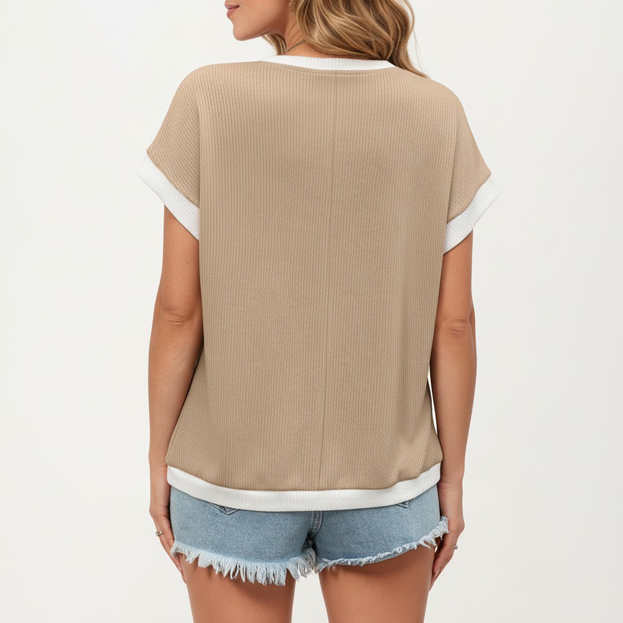 Anna-Kaci Short Sleeve Textured Knit Top with Contrast Rib Trim