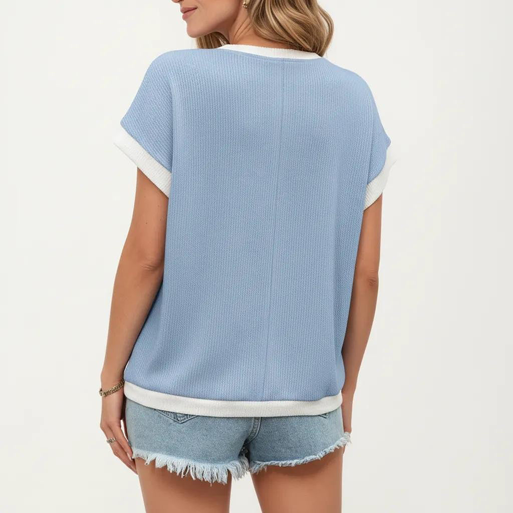 Anna-Kaci Short Sleeve Textured Knit Top with Contrast Rib Trim